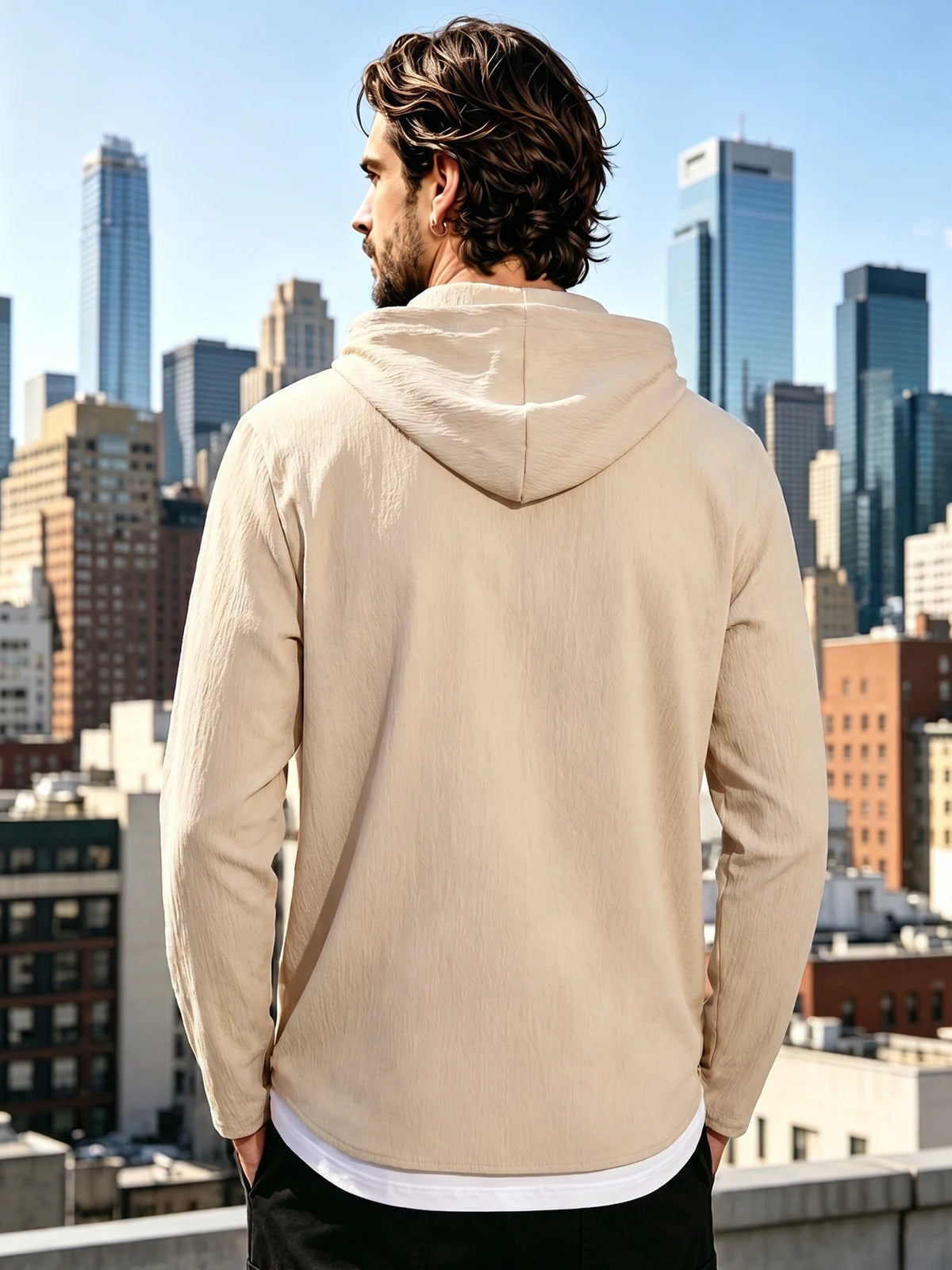 Men Hooded Button Down Shirt With Wrinkle Textured Long Sleeve Hoodie/Jacket Drawstring Hood Casual Loose Open Front Shacket
