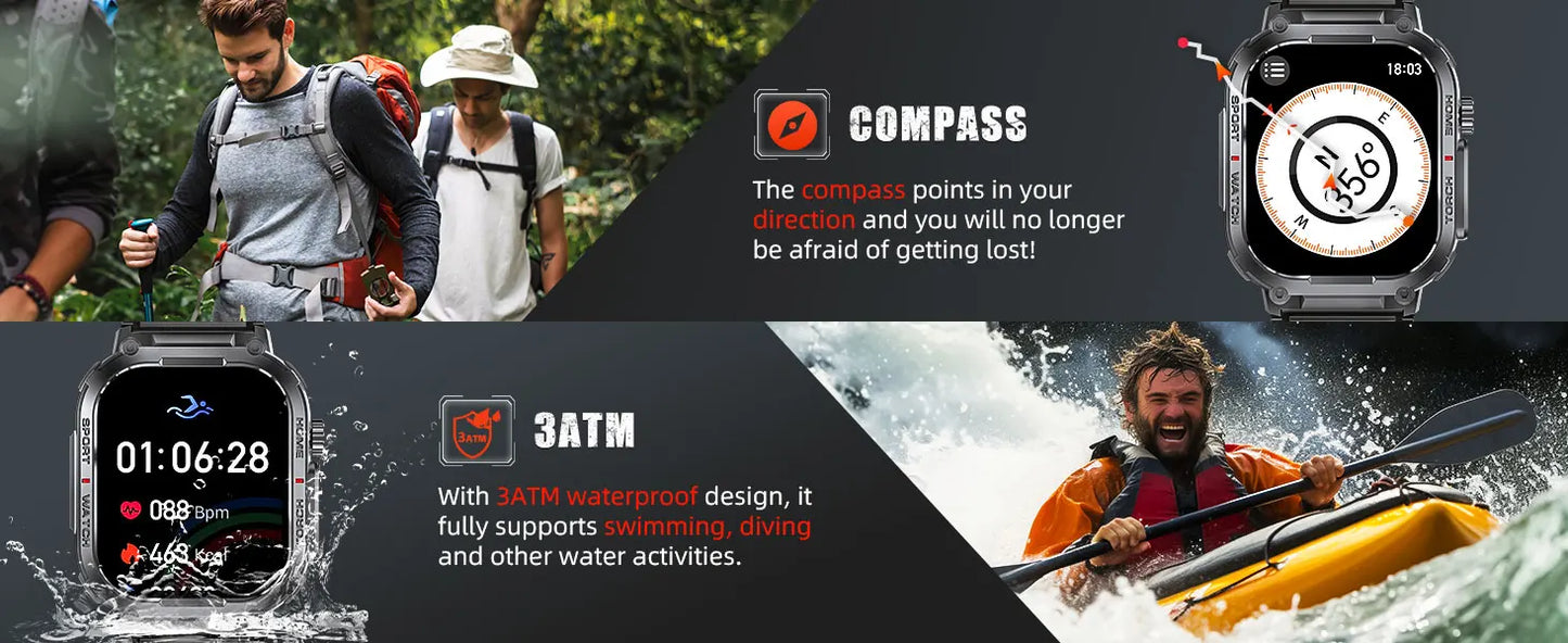 EIGIIS New Smart Watch Men 3ATM Waterproof 2.02"S320B With Compass/And LED Flashlight Sports And Fitness Tracking Heart Rate
