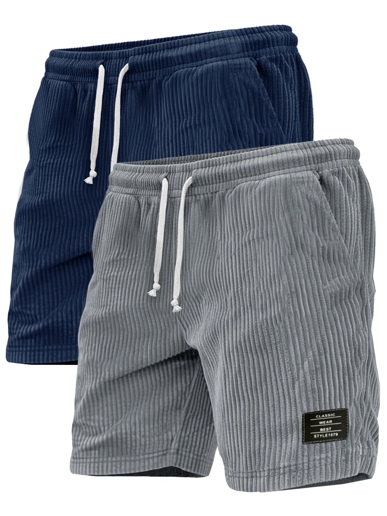 2-piece set of thick striped black label men's corduroy casual shorts/summer retro logo lace up loose sports five quarter pants