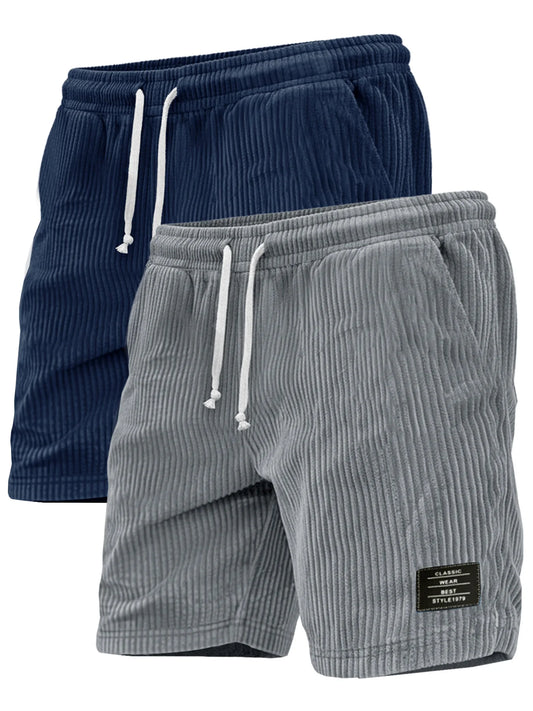 2-piece set of thick striped black label men's corduroy casual shorts/summer retro logo lace up loose sports five quarter pants