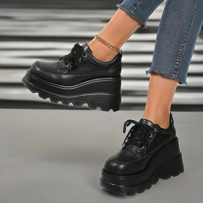 Women's Y2K Goth Wedges High Heels Pumps Fashion Solid Lace-up/Breathable Mesh Thick Bottom Sneakers Casual Comfy Platform Shoes