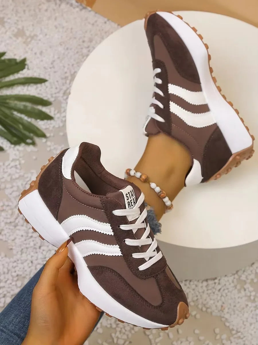 Women Retro Stripe Platform Sneakers Vintage Suede Lace Up/Casual Shoes Thick Sole Non Slip Walking Trainers Fashion