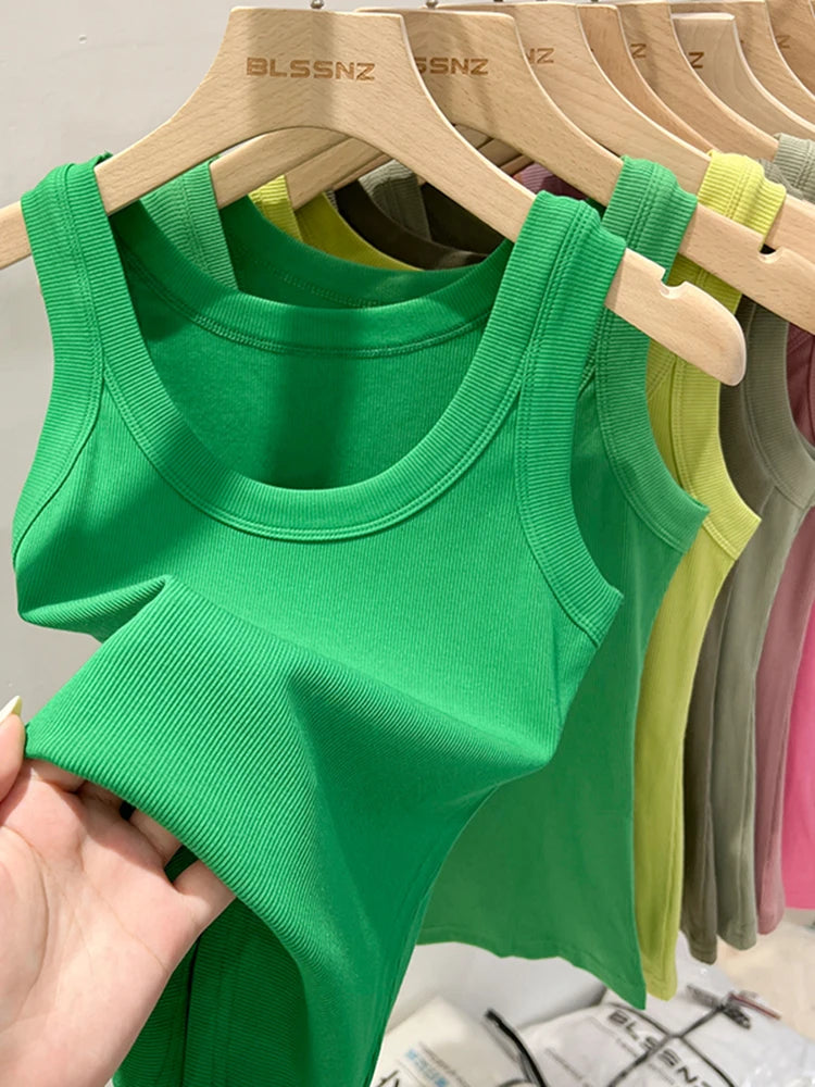 zjaiss Women Solid Round Neck Ribbed Tank Top Camisole Women/Summer Basic Elastic Tank Top O Neck Solid Tank Top