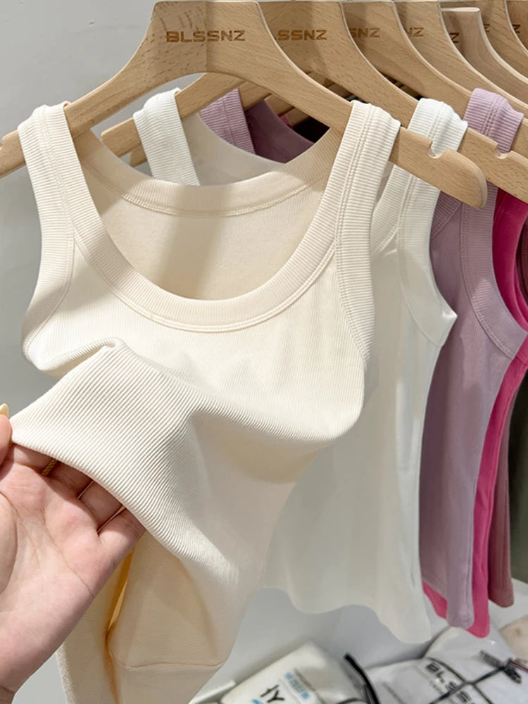 zjaiss Women Solid Round Neck Ribbed Tank Top Camisole Women/Summer Basic Elastic Tank Top O Neck Solid Tank Top