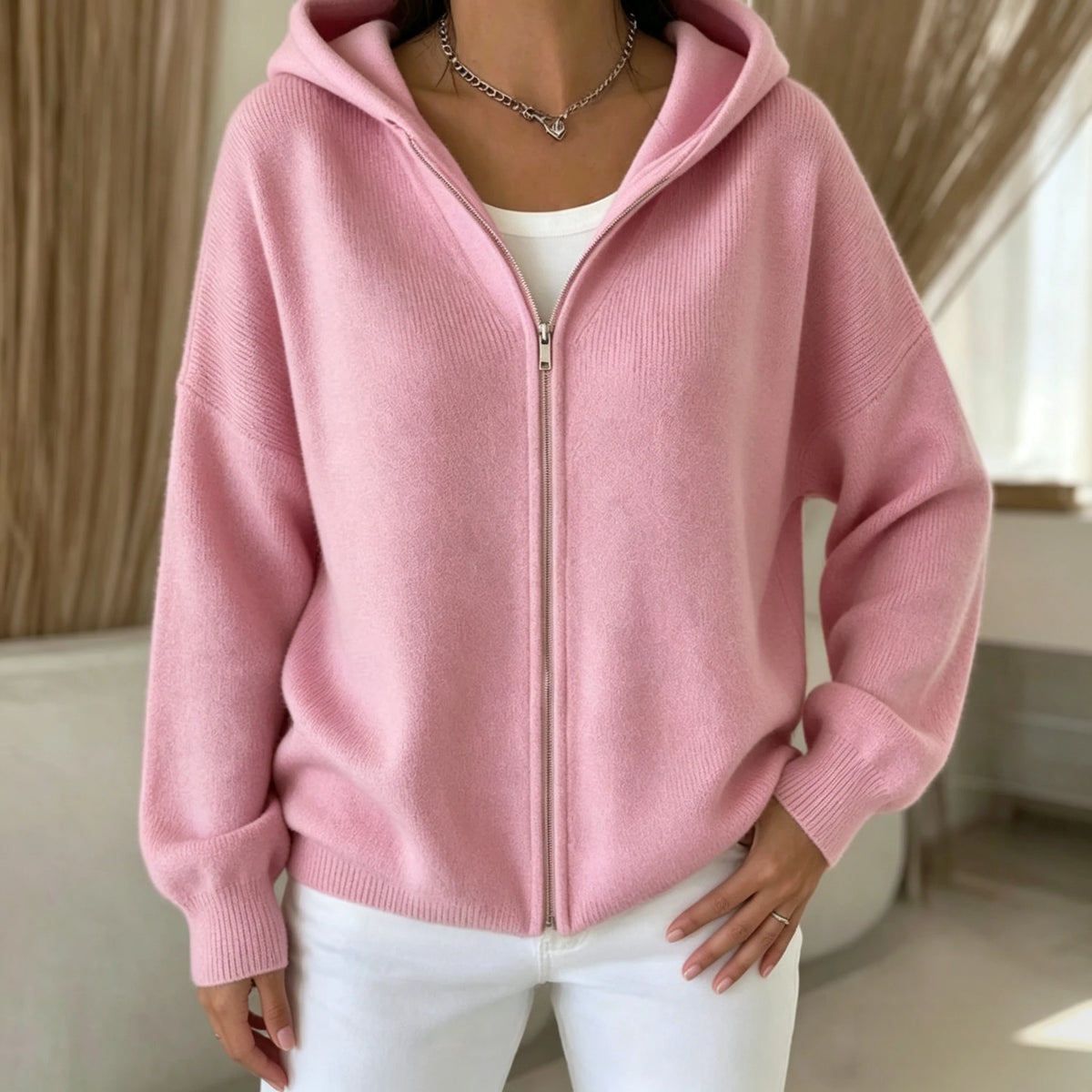 Women's Hooded Zip Up Knit Cardigan, Casual Long Sleeve Loose Sweater/Jacket With Pockets Fall Winter Solid Color Outwear