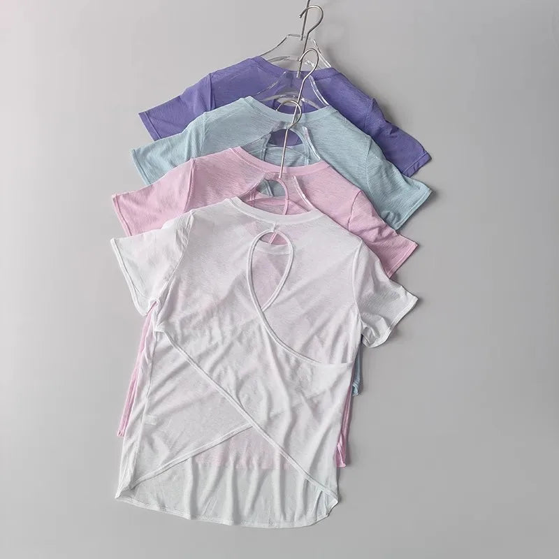 Women's Tight Sports T-shirt Quick Dry Short Sleeve Yoga T-shirt/Pilates Fitting Fitness Back Hollow Out Running crop top women