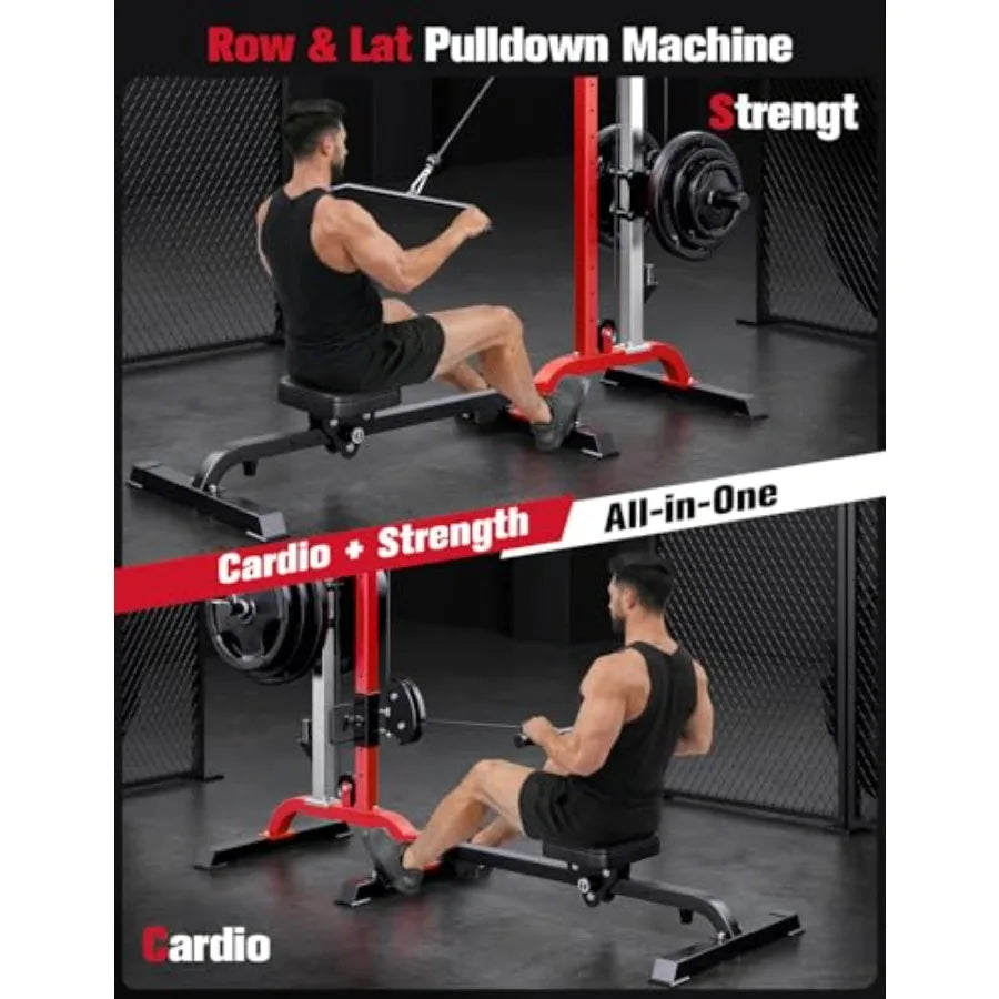 Home gym rowing cable machine LAT pulldown station steel frame/black 2-in-1 adjustable foldable design with 6 attachments