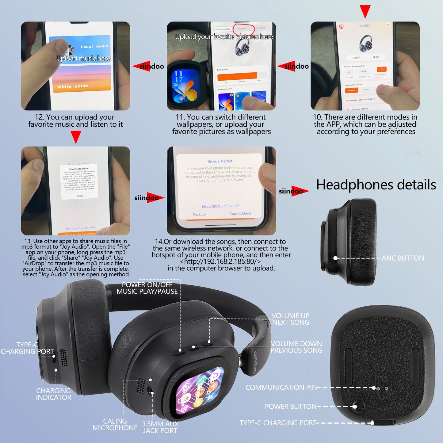 Siindoo JH-ANC930Plus Hybrid Wireless Headphone Active Noise Cancelling Headphones/With Multi Magnetic Touch Control LED Screen