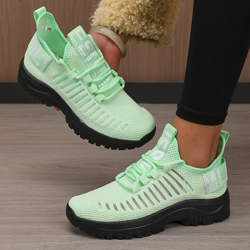 Women's Fashion Mesh Shoes New Trendy Design Breathable/Cool Comfortable Anti Slip Sole Outdoor Walking Flat Lace Up Shoes