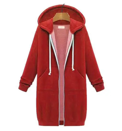 Autumn and Winter Women's Clothing American Hooded/Long-sleeved Medium and Long Sweater Fleece Jacket