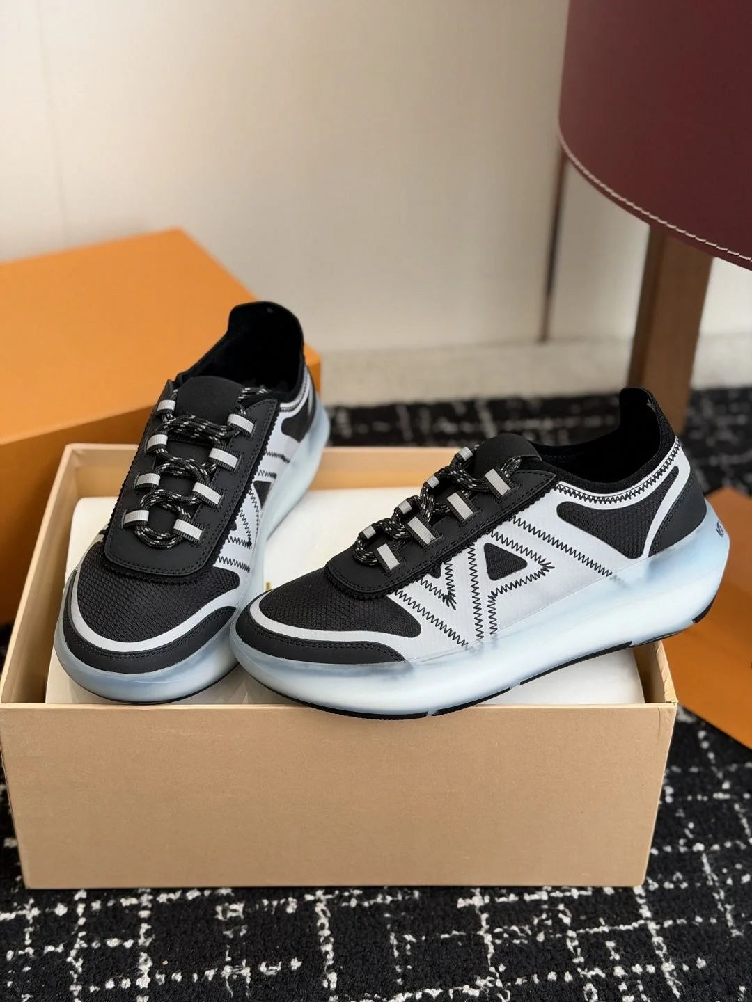 Two‑Tone Breathable Mesh Leather Athletic Sneakers/Geometric Stripe Print Braided Rope Laces Frosted Clear Thick Shoe