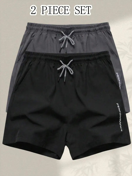 2PCS Men's Sport Shorts Boyfriend Style Summer 3/4 Length Shorts Minimalist Elastic Print Pants Drawstring With Pockets Running