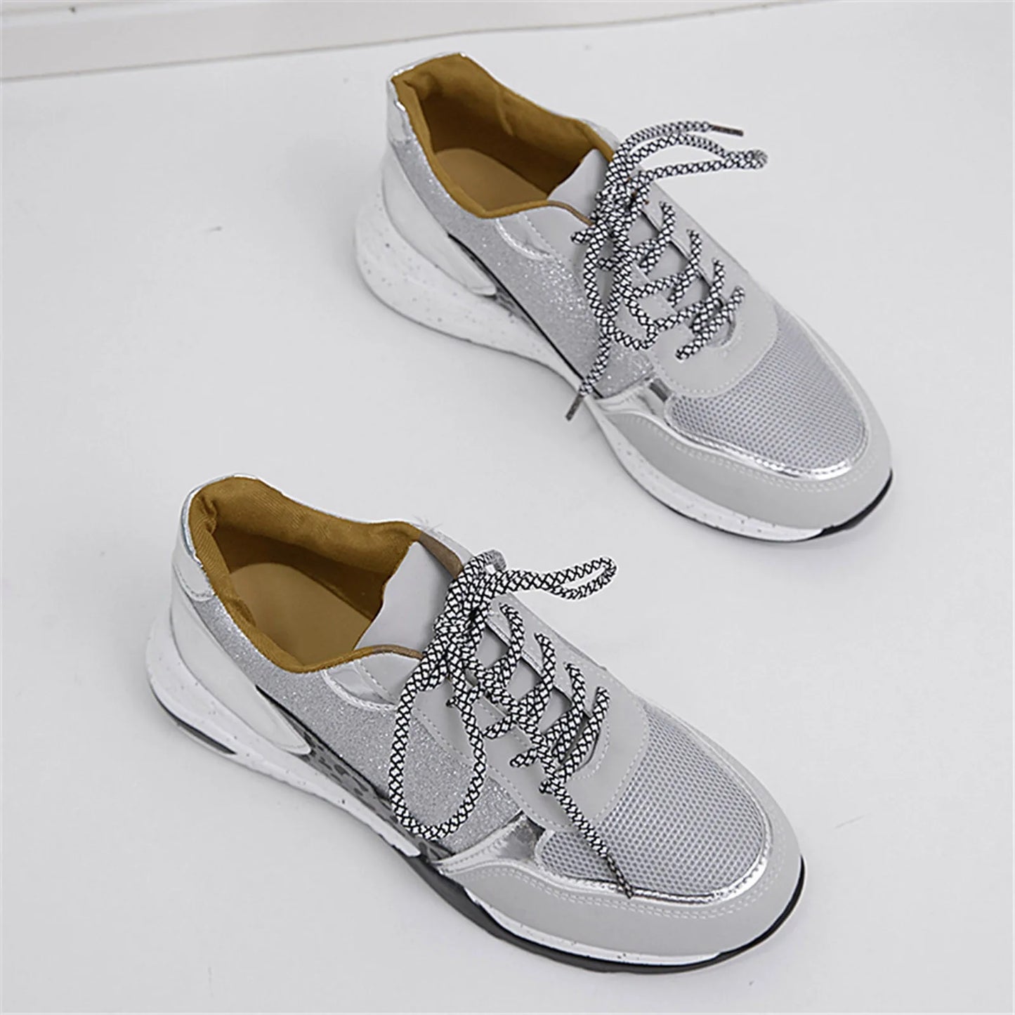 Platform Shoes For Women Fashionable Glitter Round Head Lace Up/Height Increasing Vulcanized Shoes High Quality Sneakers