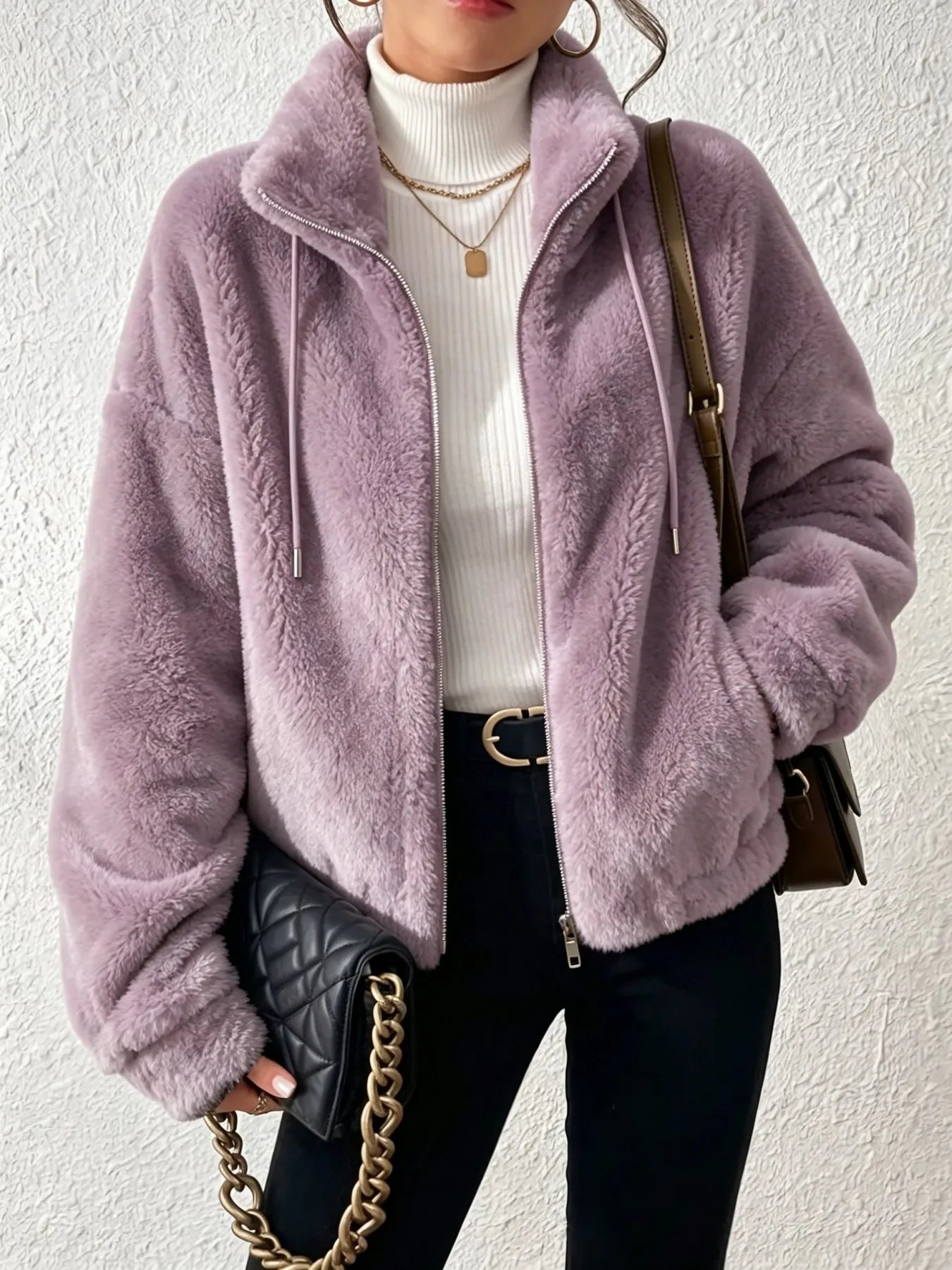 Women Fuzzy Fleece Zip Up Jacket Stand Collar Drawstring Loose/Oversized Coat Warm Plush Winter Outerwear Casual Streetwear