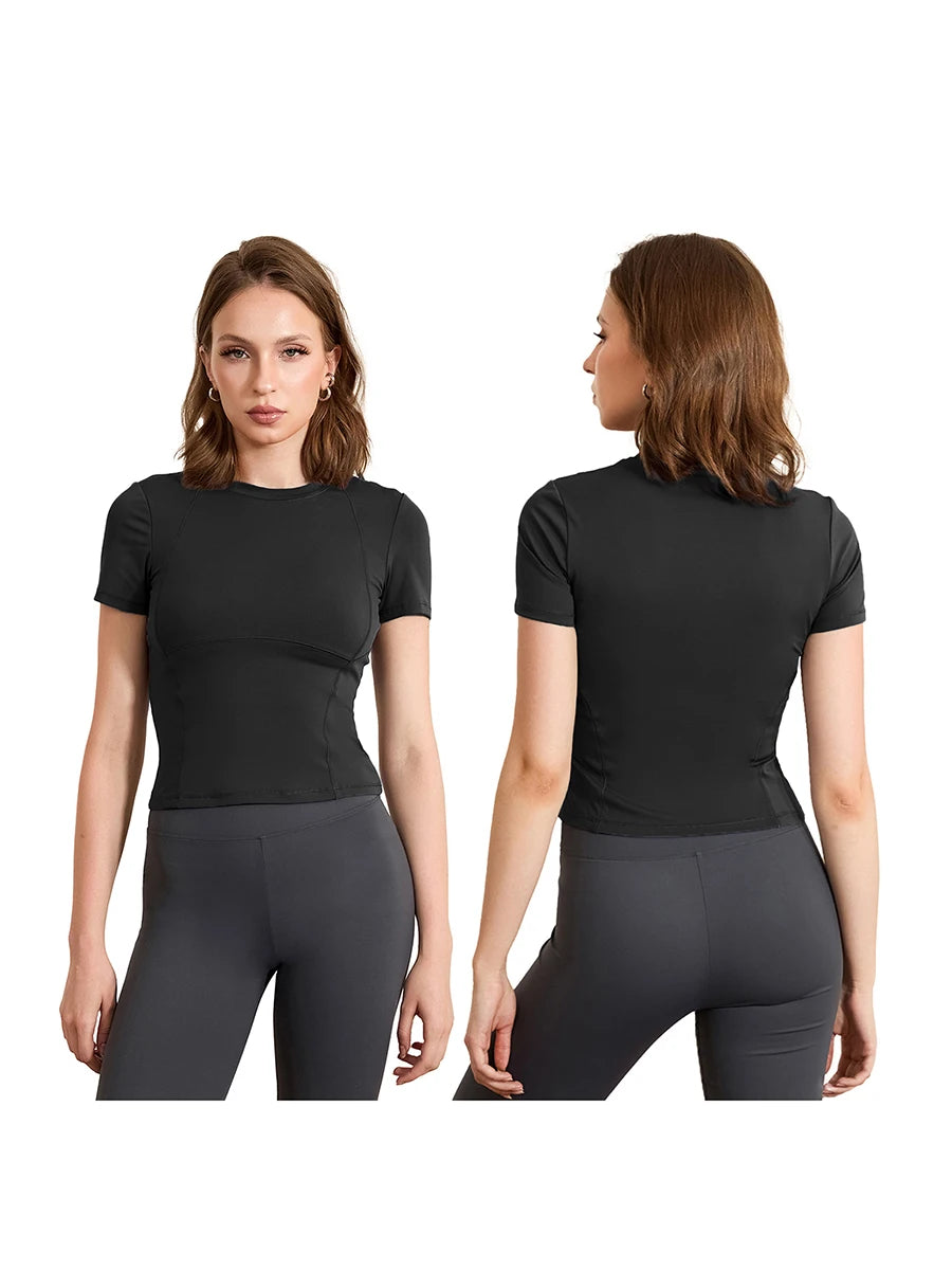 Women Bottoming Shirt Fitness Yoga T-Shirts Round Neck Running/Tank Tops Short Sleeve Seamless Workout Tops Gym Clothes