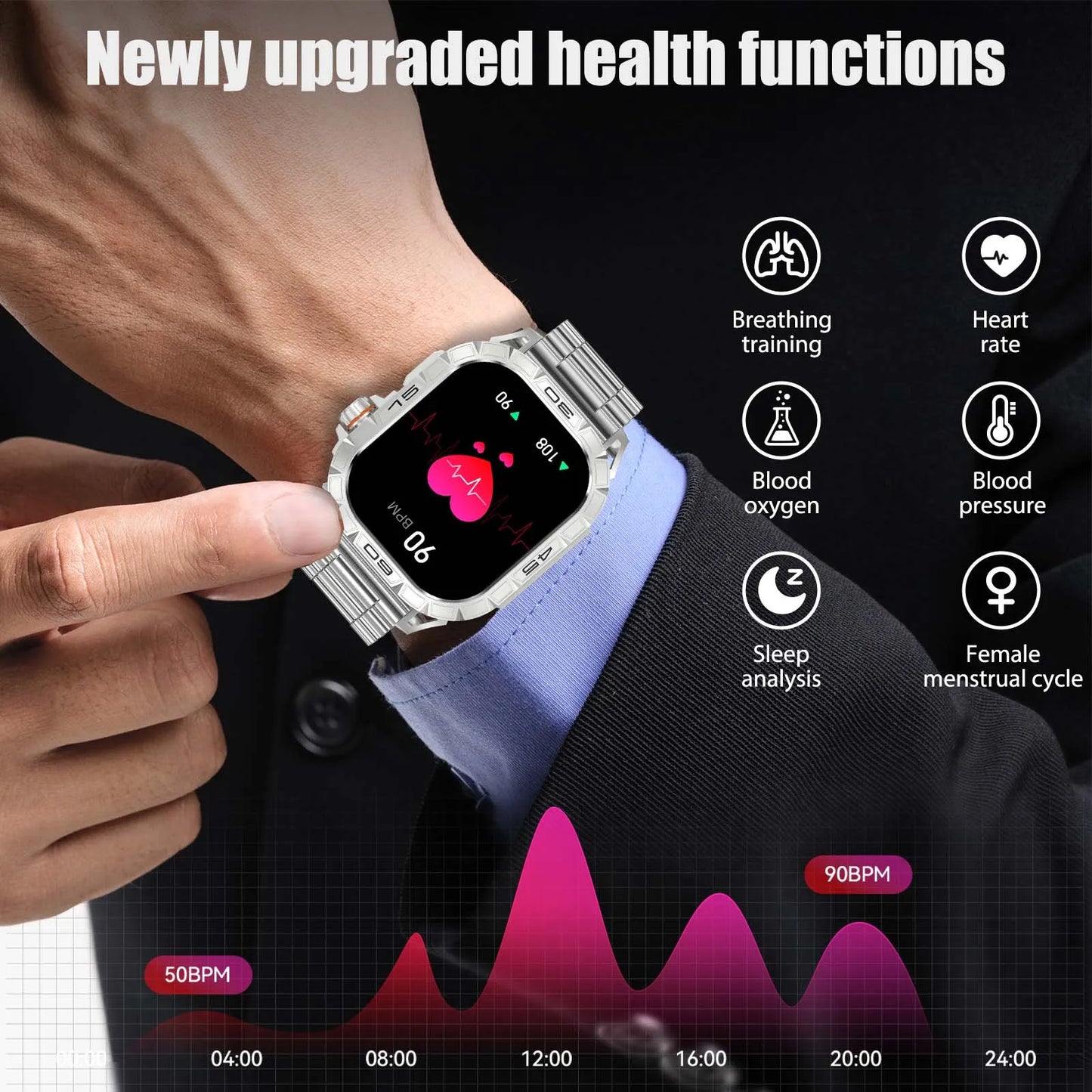 EIGIIS New Smart Watch ED Display 100+ Sport Mode With Compass/IP68 Waterproof Bluetooth Call Heart Rate Blood Pressure Men K63