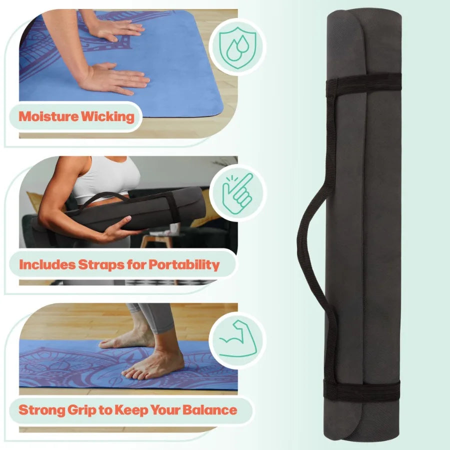 Blue Sweat Absorbent Grippy Suede Hot Yoga Mat with Strap for Enhanced Stability/and Comfort During Intense Workouts and Indoor