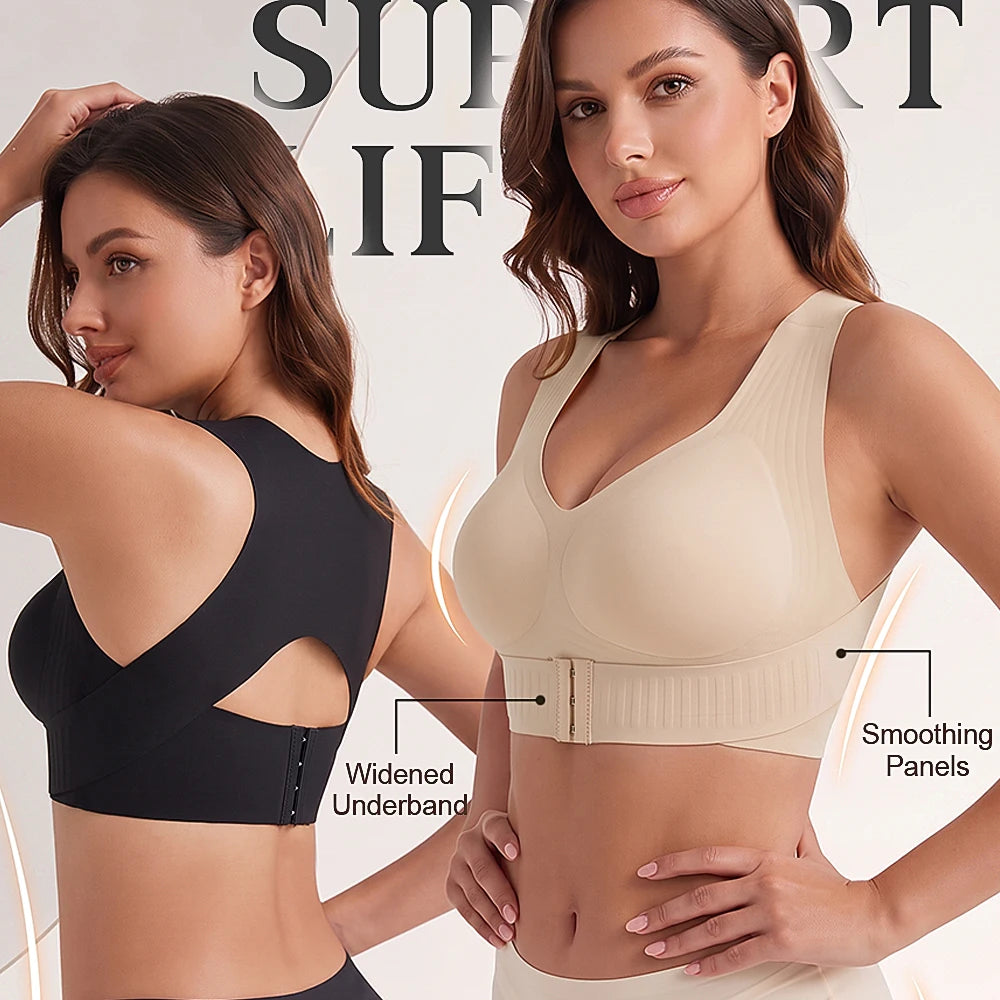Women Wireless Posture Bra, Front Closure Cross Back Design/Wide Strap Full Coverage Back Support Comfort Daily Underwear