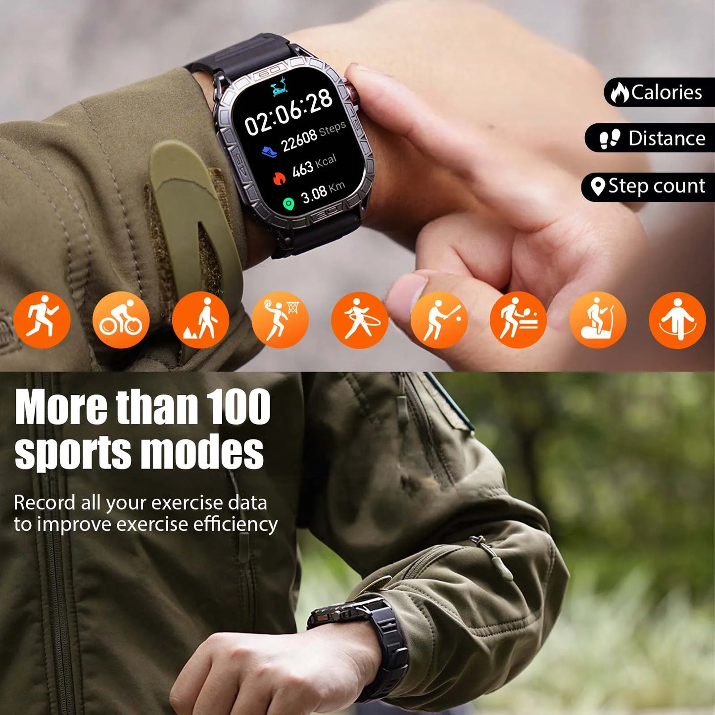 EIGIIS New Smart Watch ED Display 100+ Sport Mode With Compass/IP68 Waterproof Bluetooth Call Heart Rate Blood Pressure Men K63