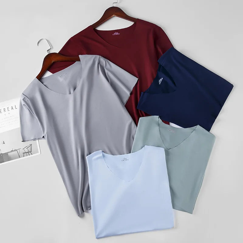 Ice Silk Men T-shirts Summer Seamless Sport Underwear Casual V-neck/Thin T-shirts Quick Dry Shirt Tops Bottoming Shirt for Men