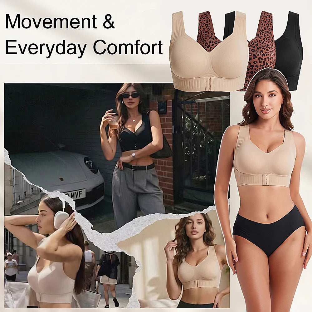 Women Wireless Posture Bra, Front Closure Cross Back Design/Wide Strap Full Coverage Back Support Comfort Daily Underwear