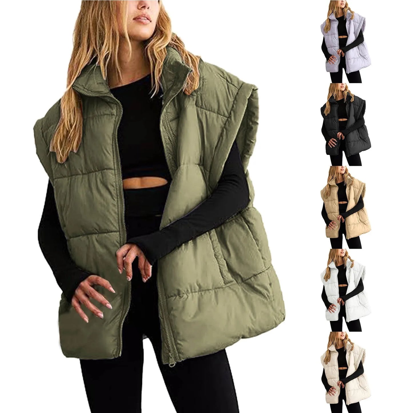 Women Winter Oversized Vest Lightweight/Stand Collar Flysleeve Insulated Padded Puffy Jacket