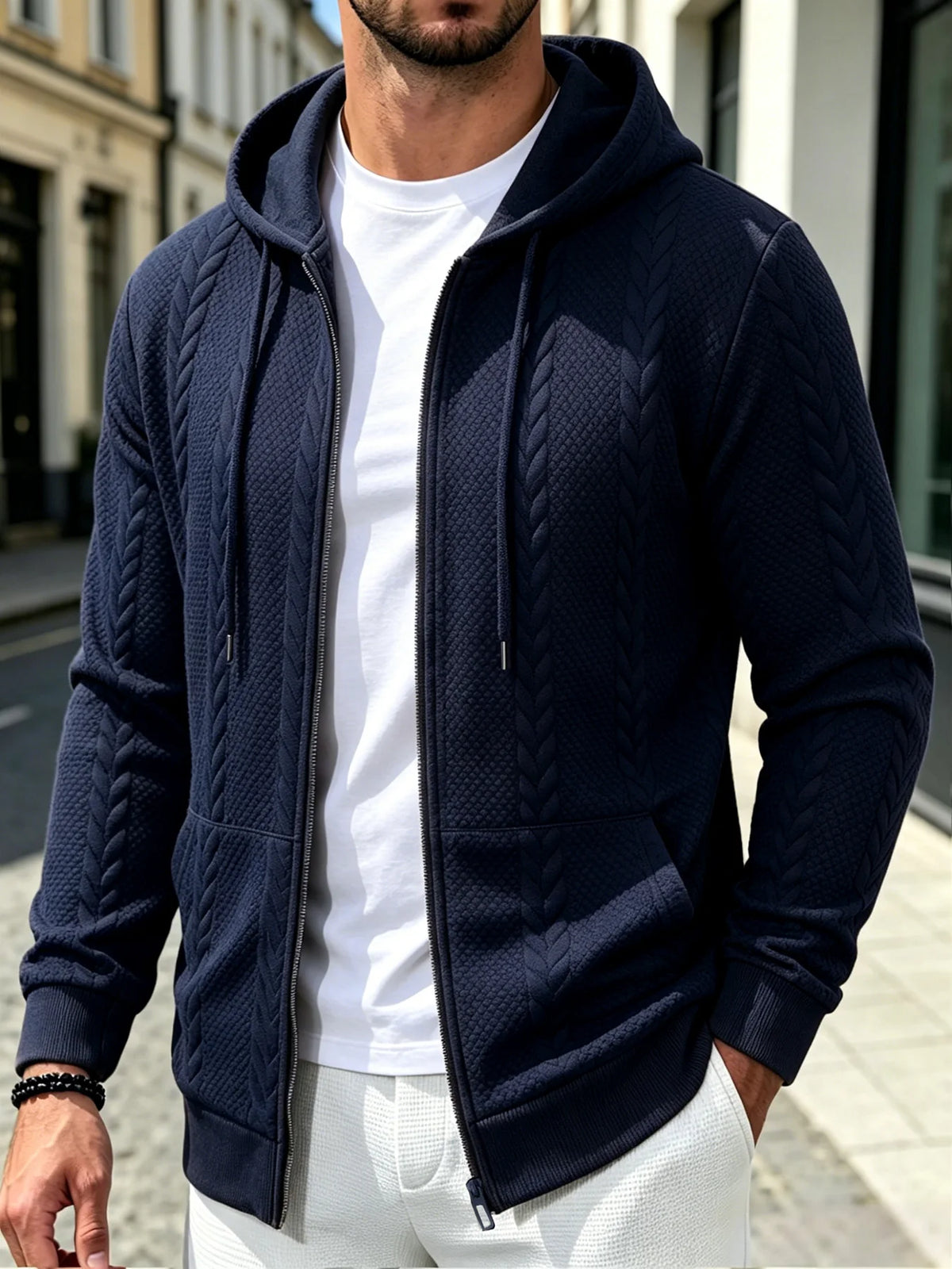 Men's Textured Zip Hooded Sweatshirt Full Zipper Jacket/Kangaroo Pocket Ribbed Cuffs Warm Casual Street Outerwear