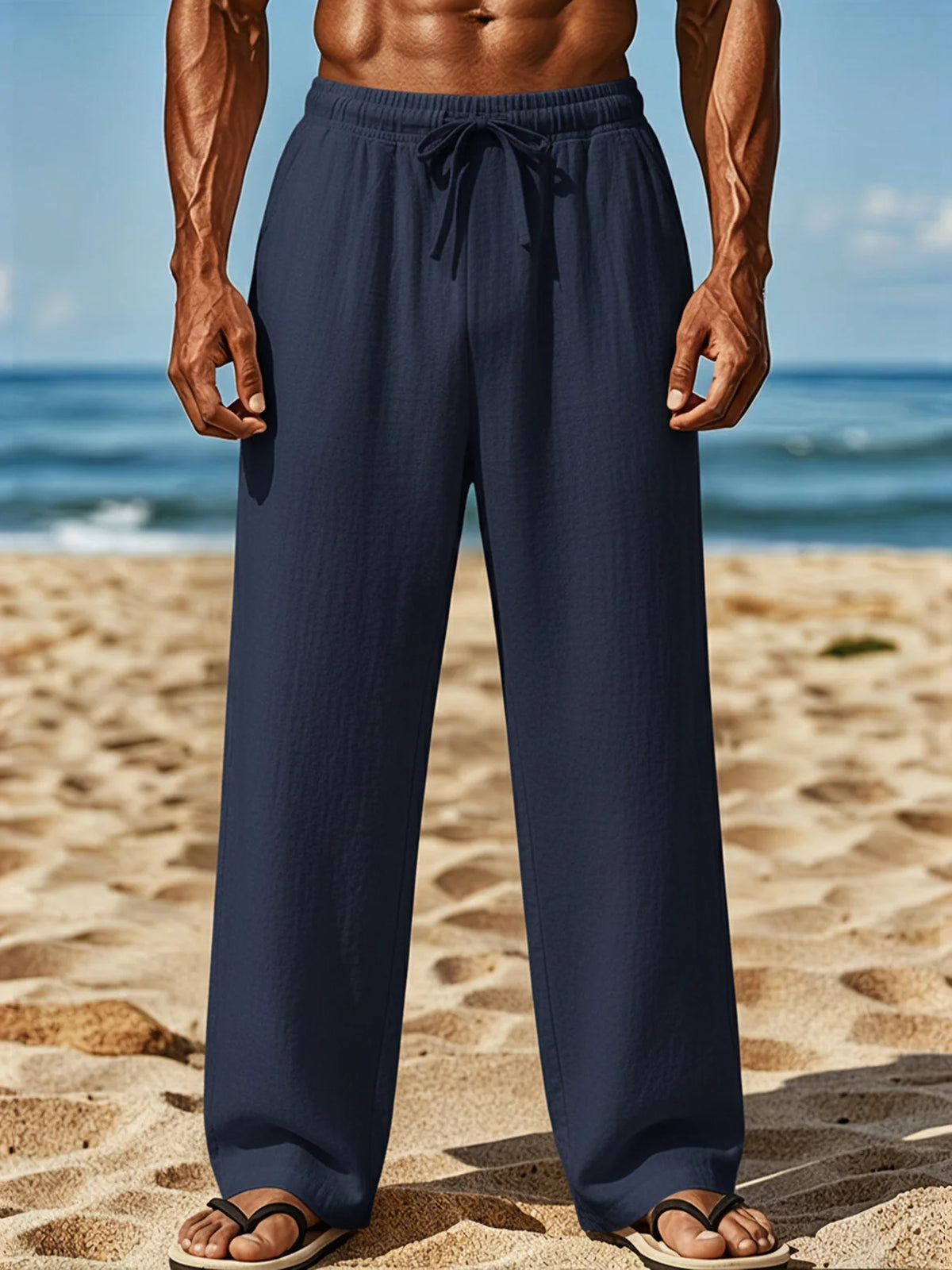 Men's Casual Wide Leg Pants Elastic Waist Drawstring Loose Straight Trousers/with Pockets Lightweight for Beach Vacation Daily Wear