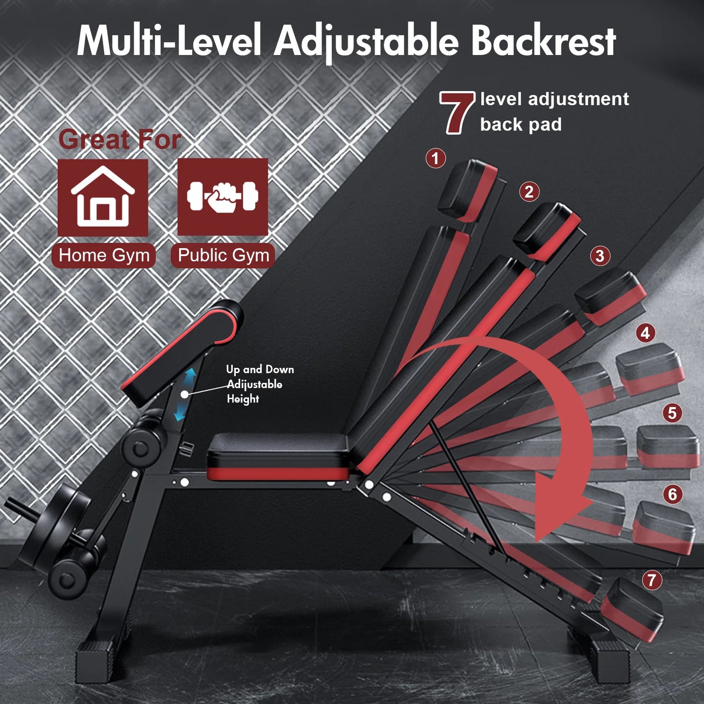 Adjustable Weight Bench 7-Level Foldable with Extended Headrest/Leg Extension Incline Decline Bench 770 lbs Full-Body Strength