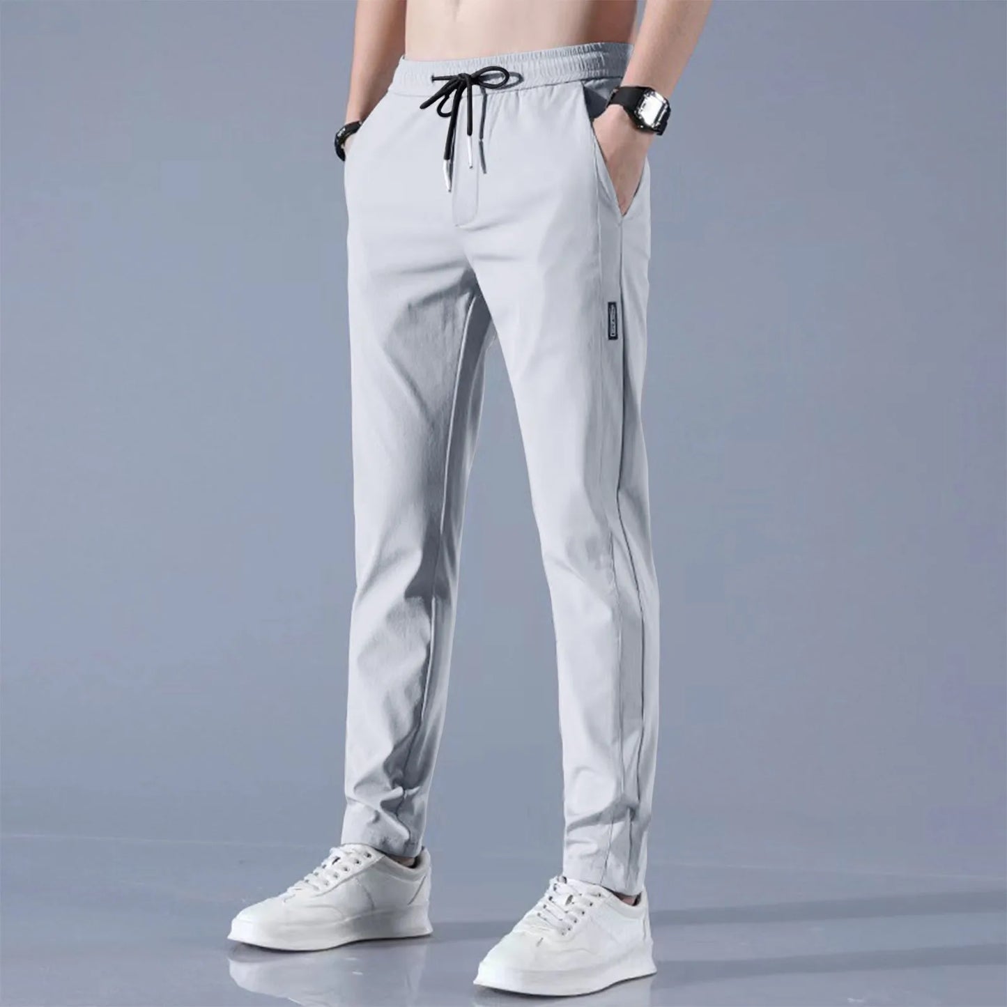 Men Fast Dry Stretch Pants Ice Silk Trousers Solid Color Mid-Waist/Loose Breathable Straight-Leg Casual Pants Thin Sports Pants