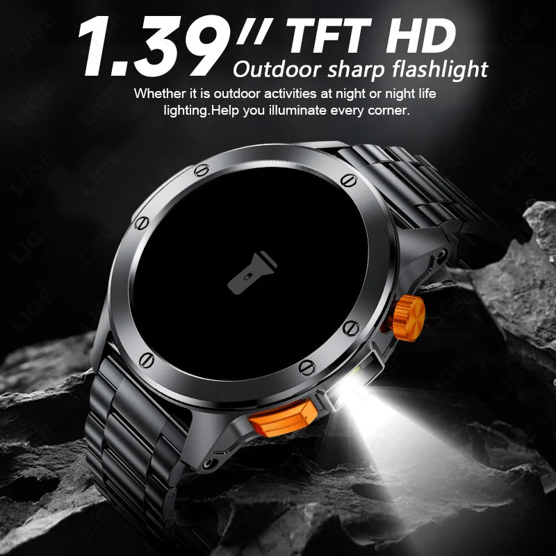 LIGE Sports Smart Watch Men LED Flashlight IP68 Waterproof/Bluetooth Call Health Watches Voice Assistant Military Smartwatch Men