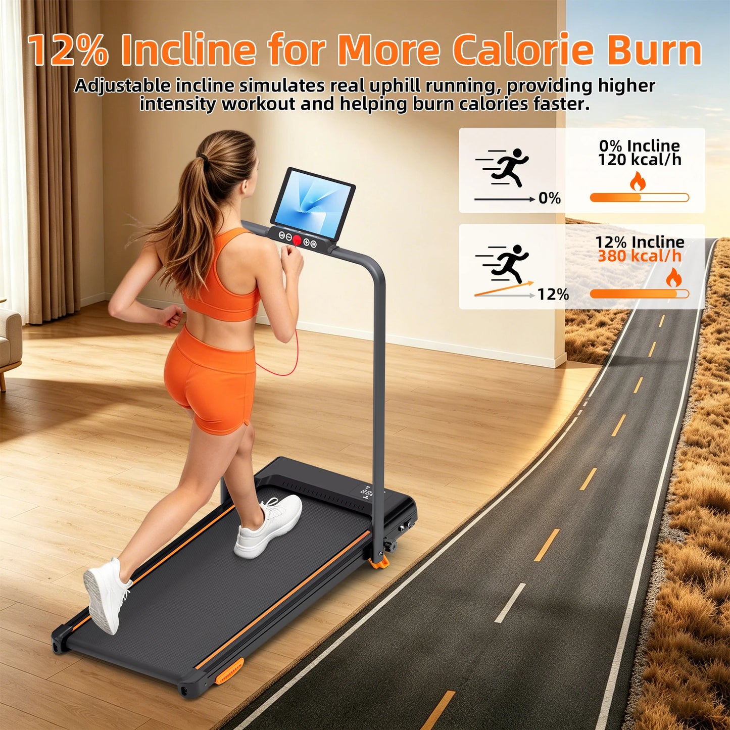 3.0HP Folding Treadmill with 12% Adjustable Incline, 14.9" x 36.4" Wide/7‑Layer Shock‑Absorbing Running Belt, 0.6‑8MPH Quiet Treadmill