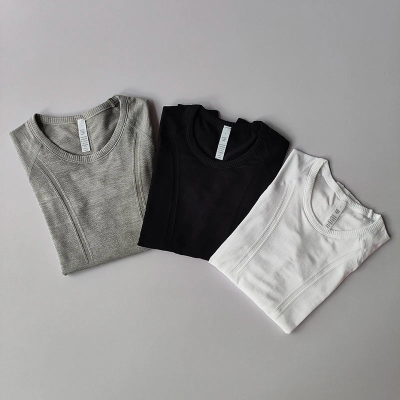 Yoga Clothes for Women, Sports Tops Round Neck Seamless Slim/Running Shirt Fitness Workout Long Sleeves Gym T shirt
