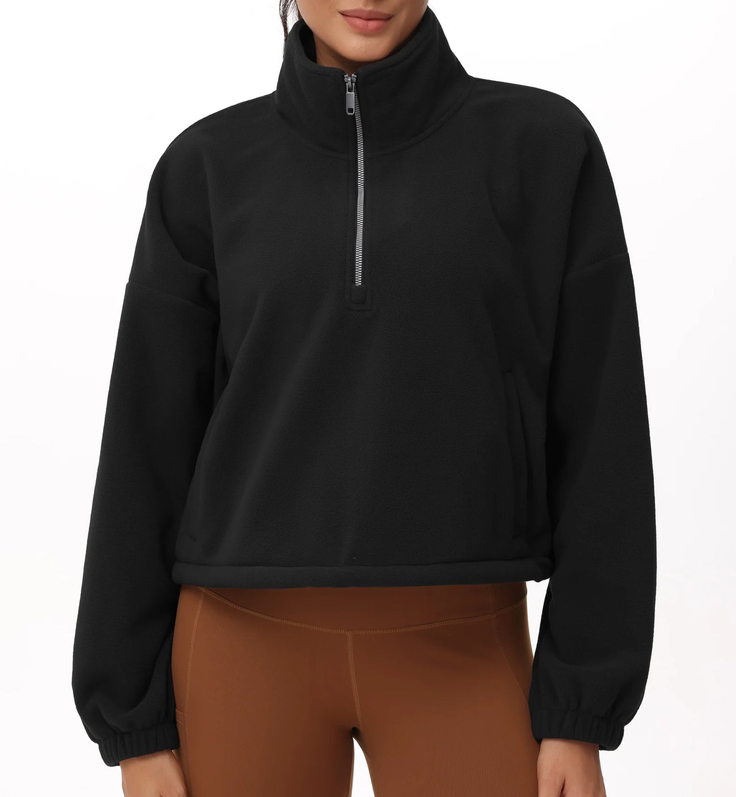 THE GYM PEOPLE Women’s Half Zip Crop Pullover Sweatshirt Fleece/Loose Fit Workout Tops with Pockets Drawstring