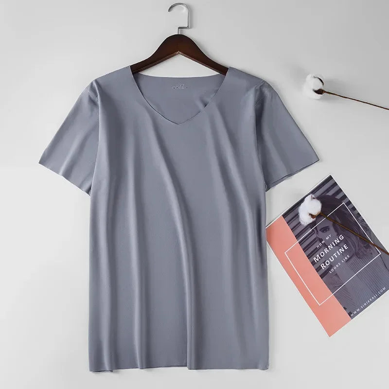 Ice Silk Men T-shirts Summer Seamless Sport Underwear Casual V-neck/Thin T-shirts Quick Dry Shirt Tops Bottoming Shirt for Men