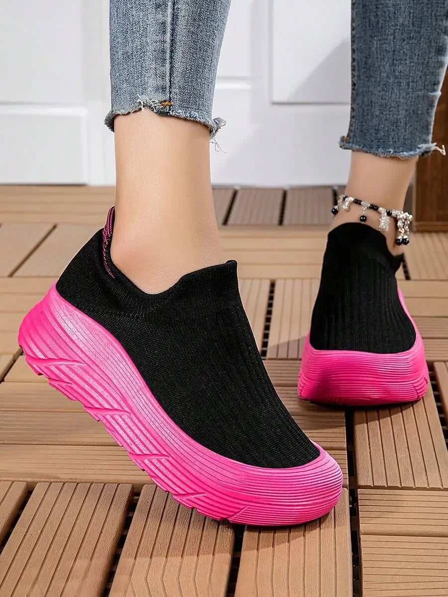 Women's Platform Sneakers Black With Pink Sole/Chunky Comfortable Slip-On Athletic Shoes