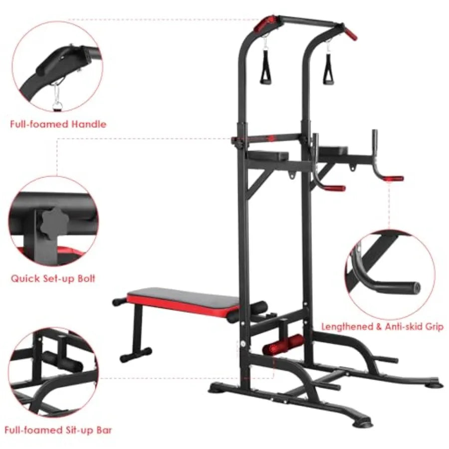 Arlopu Power Tower with Bench Pull Up Bar Stand Dip Bar/Folding Bench 4 Ropes Strength Training Multi-Function Fitness Equipment