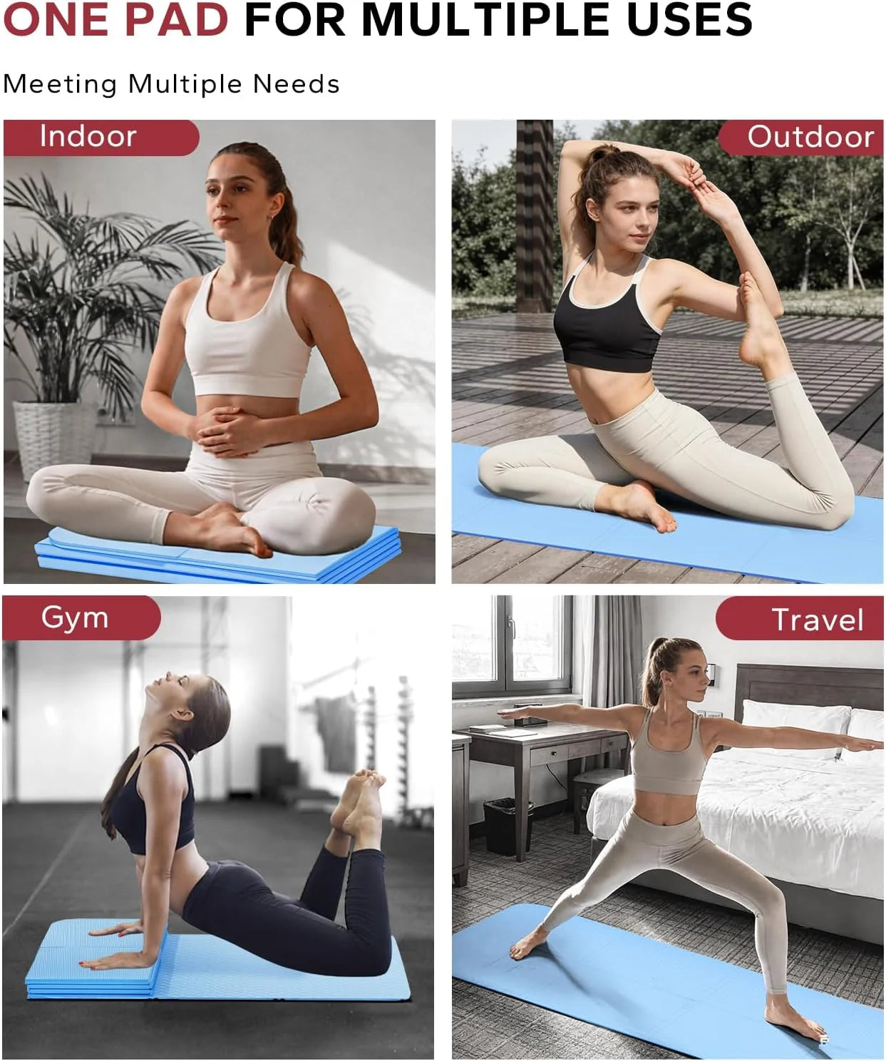 HAPBEAR Foldable Yoga Mat - 72"x24"x0.24" (6mm), Non-Slip/TPE Exercise Mat for Home Workout Yoga Pilates Stretching