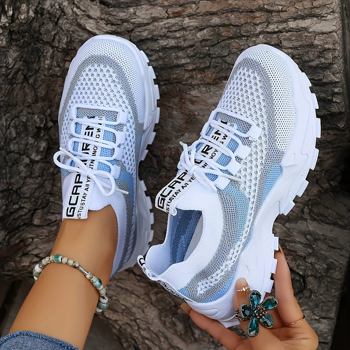 Ladies Breathable Mesh Patchwork Chunky Sneakers/Lace Up Height Increasing Platform Walking Shoes Non Slip Shoes