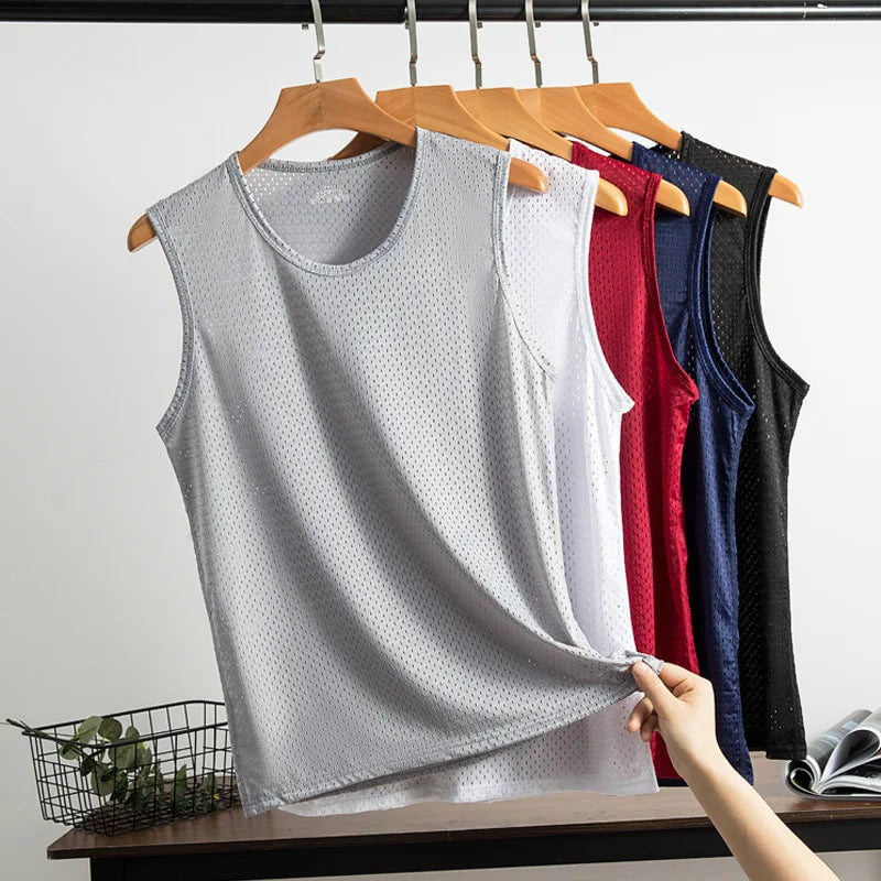 Men's Ice Silk Mesh Tank Tops Gym Stringer Transparent Bodybuilding/Sleeveless Shirt Fitness Vest Male mesh Muscle Shirt