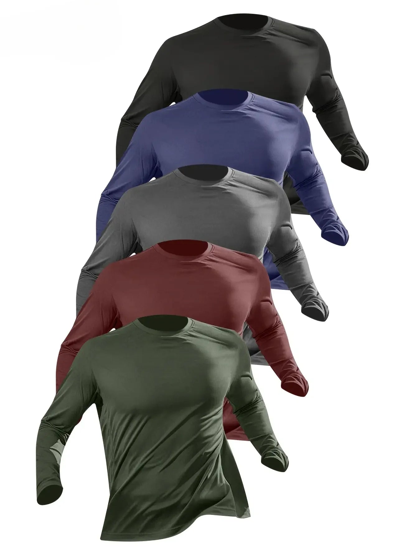 5-piece men's solid color round neck long sleeved/T-shirt, versatile design comfortable and fashionable