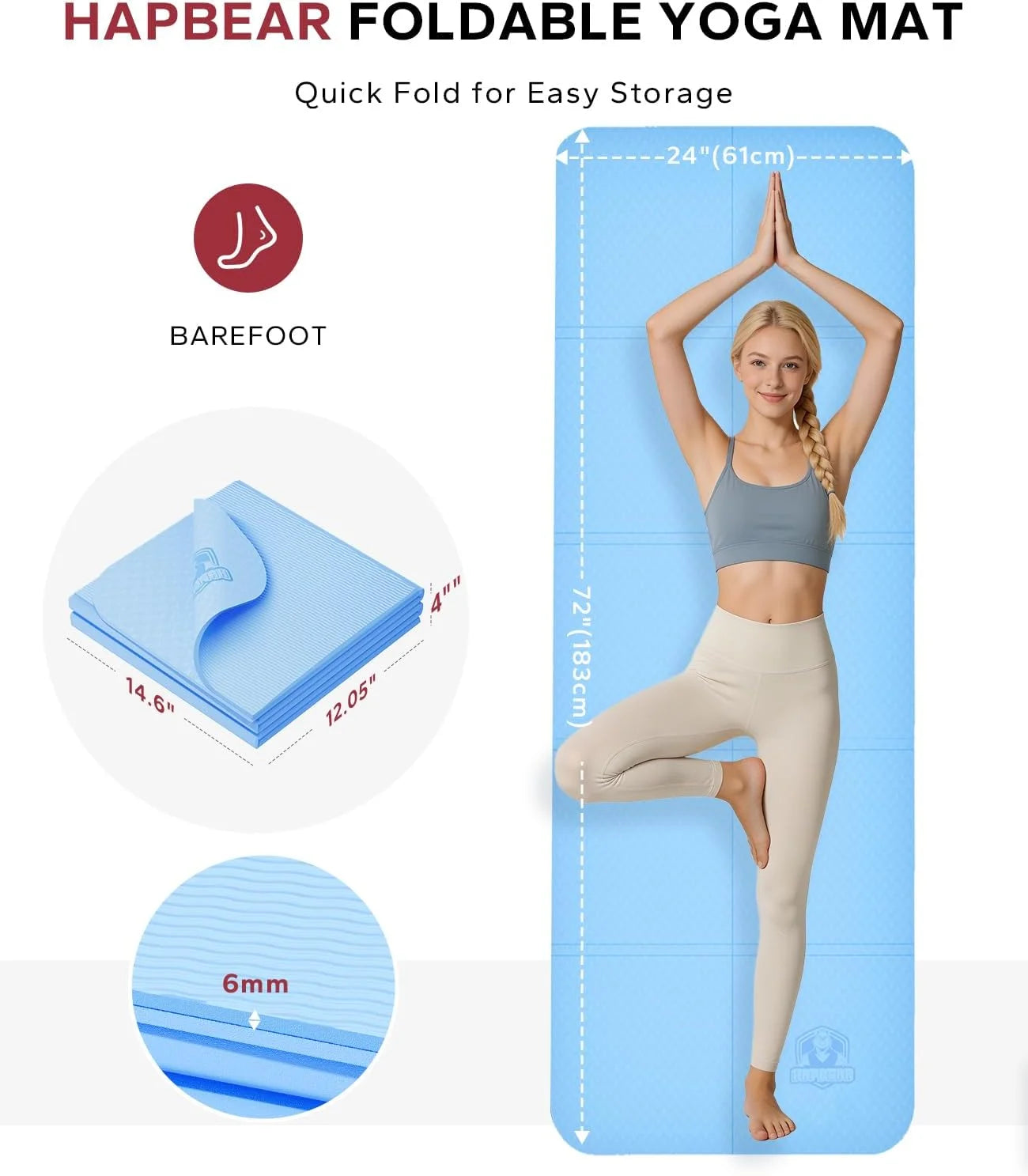 HAPBEAR Foldable Yoga Mat - 72"x24"x0.24" (6mm), Non-Slip/TPE Exercise Mat for Home Workout Yoga Pilates Stretching