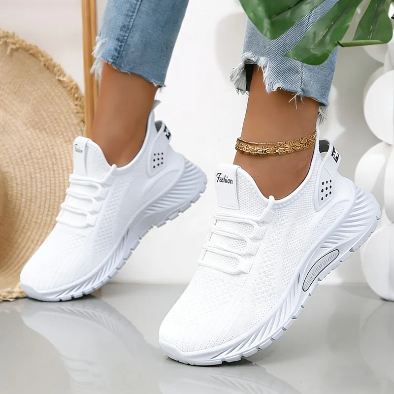 Women Platform Chunky Sneakers Breathable Flying Knit Lace Up/Two Wear Back Slip On Walking Shoes Lightweight Non Slip Thick Sole