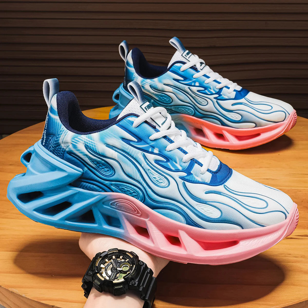 Women Flame Print Blade Chunky Sneakers Gradient Hollow Thick Sole/Breathable Mesh Lightweight Shock Absorb Lace Up Running Shoes