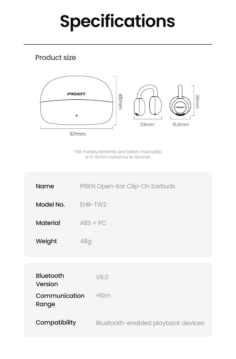 PISEN Wireless Bluetooth 6.0 Hi-Res Ear Clip Earphones 360° Directional Sound/Field Long Battery Life Sports Clip Earbuds 30H Pl