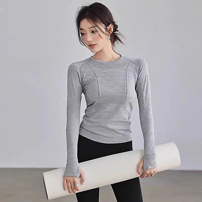Yoga Clothes for Women, Sports Tops Round Neck Seamless Slim/Running Shirt Fitness Workout Long Sleeves Gym T shirt