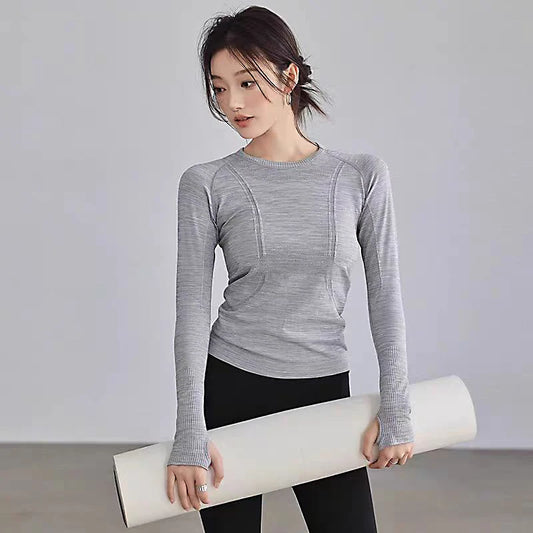Yoga Clothes for Women, Sports Tops Round Neck Seamless Slim/Running Shirt Fitness Workout Long Sleeves Gym T shirt