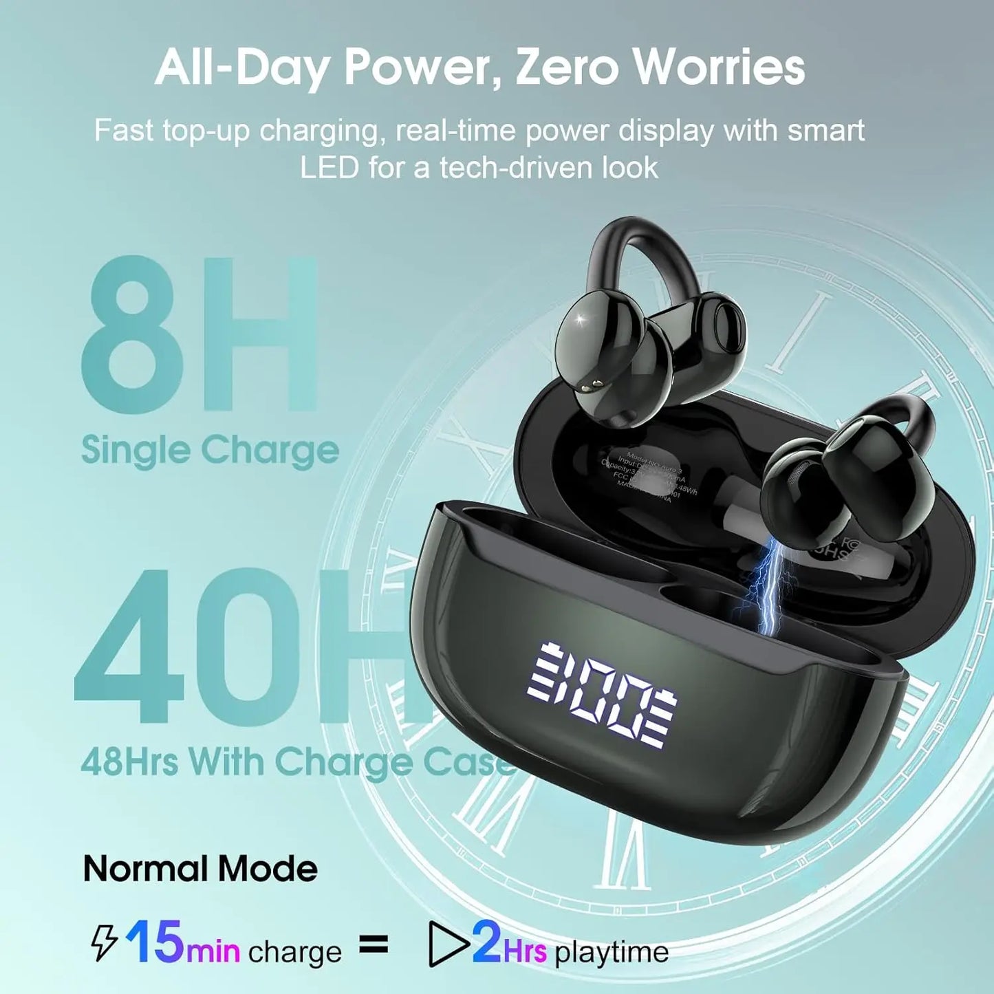 Open Ear Wireless Clip-On Headphones with Bluetooth 5.4 DNN Noise Cancelling/48H Playtime, Low Latency for Music & Calls