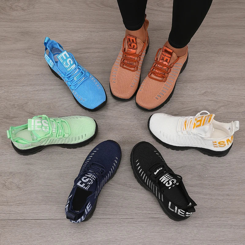 Women's Fashion Mesh Shoes New Trendy Design Breathable/Cool Comfortable Anti Slip Sole Outdoor Walking Flat Lace Up Shoes
