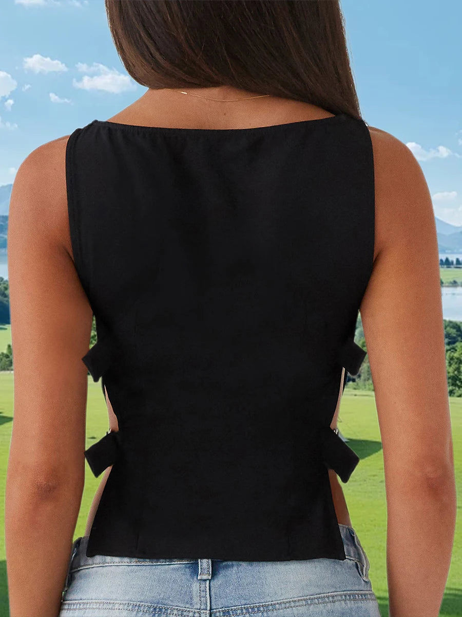 Women s Sleeveless Boat Neck Tank Tops/with Side Buckle Detail Solid Color Fit Vest for Summer Style